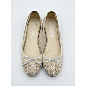 Chanel Ballet Flats White & Cream Tweed & Lace CC Logo Sz EU 35.5 5.5
